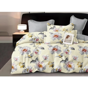 Pościel 160x200 Bawełna satynowa kremowa białe kwiaty PK695 z prześcieradłem